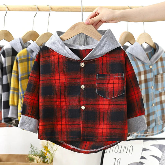 Boys Hooded Plaid Long Sleeve