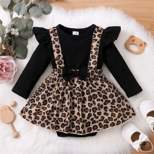 0-18Months Baby Girl Dress with Bow Long Sleeve Leopard Dresse