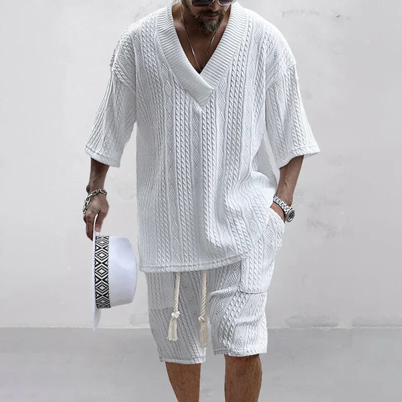 2 pc Men's Short Sleeve T-shirt + Shorts Knit Set