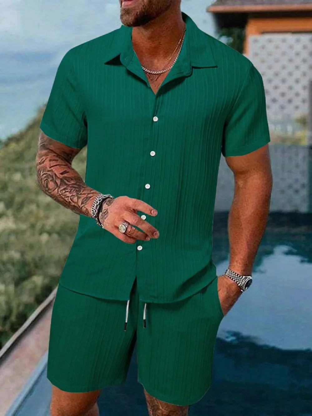 Men's Striped Polo Casual Set